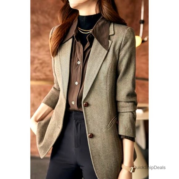 Wool Blend Blazer Notched Lapel Slim Fit Herringbone Pattern Single Breasted - Picture 4 of 6